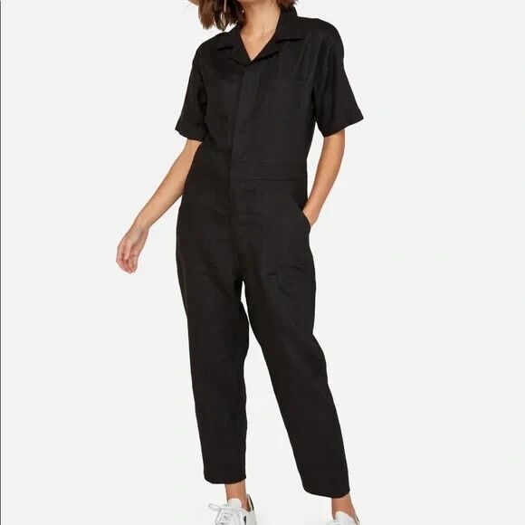MATE THE LABEL WOMEN'S SHORT SLEEVE ORGANIC LINEN JUMPSUIT NWT $218 - Picture 2 of 12